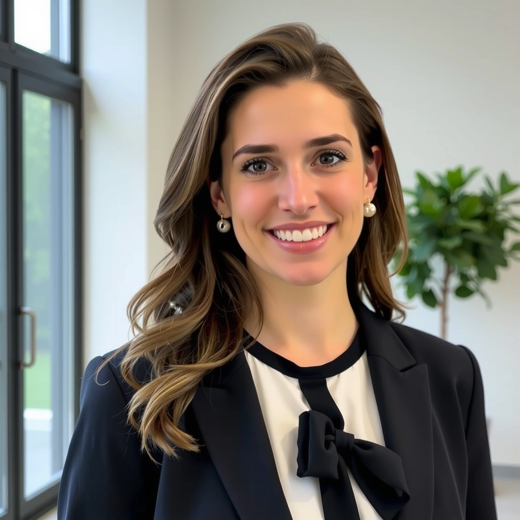 Professional, warm photo of a female founder with a genuine smile in a modern, bright setting.