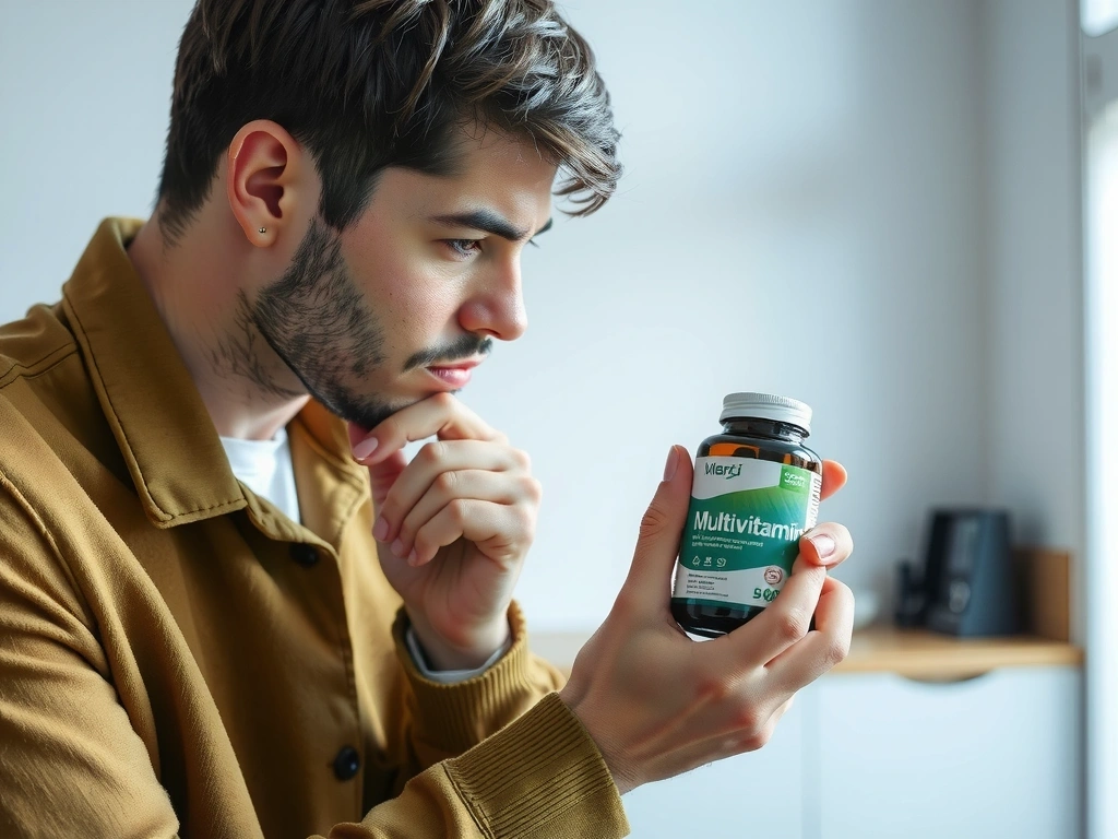 Man inspecting a multivitamin bottle