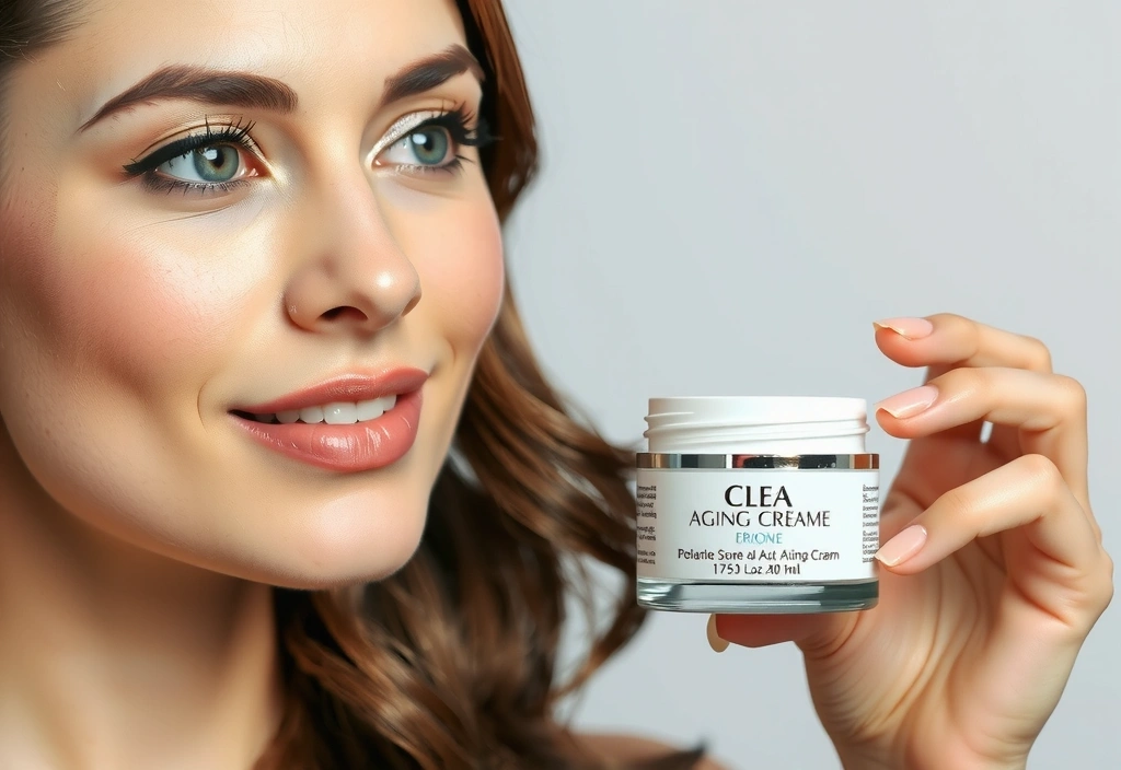 Woman applying anti-aging cream with glowing skin