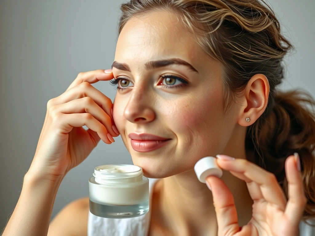 A serene woman applying a facial cream, emphasizing healthy skin.