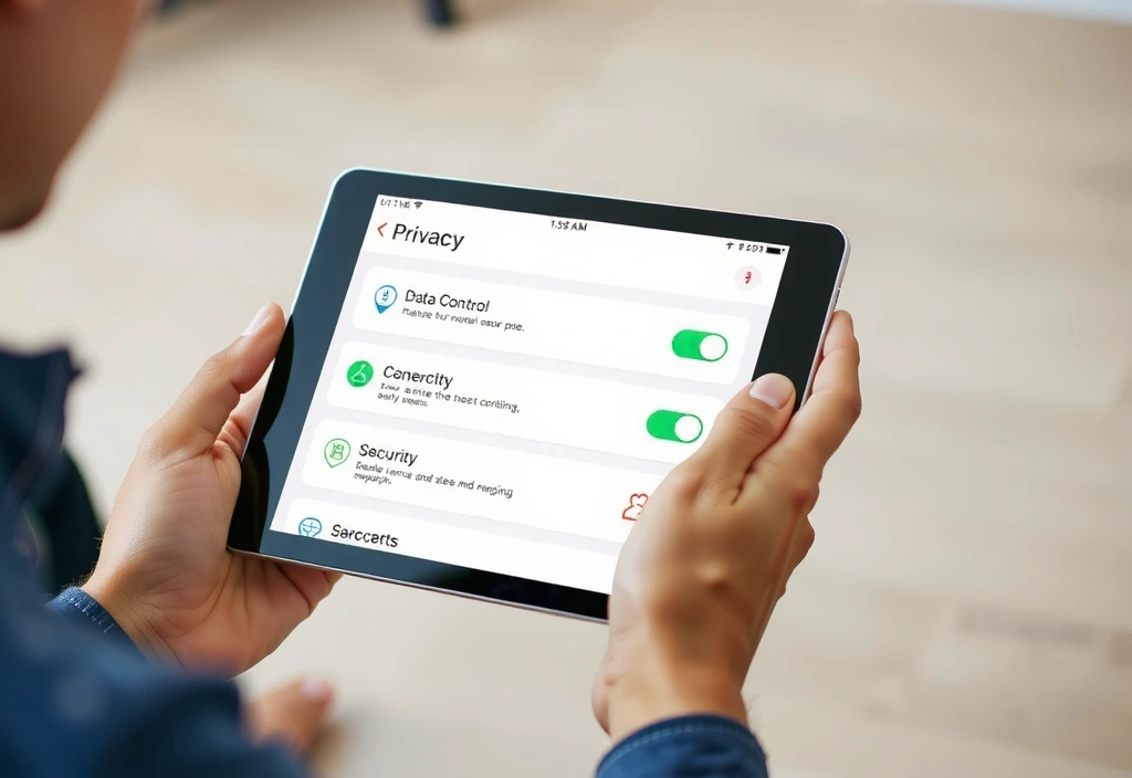 Illustration of a person reviewing digital privacy settings on a tablet